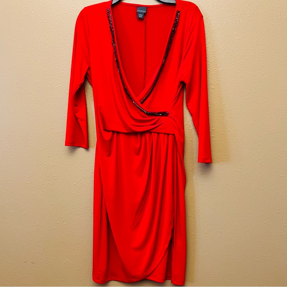Covington Red Faux Wrap Style Jeweled Neck Dress, Size M